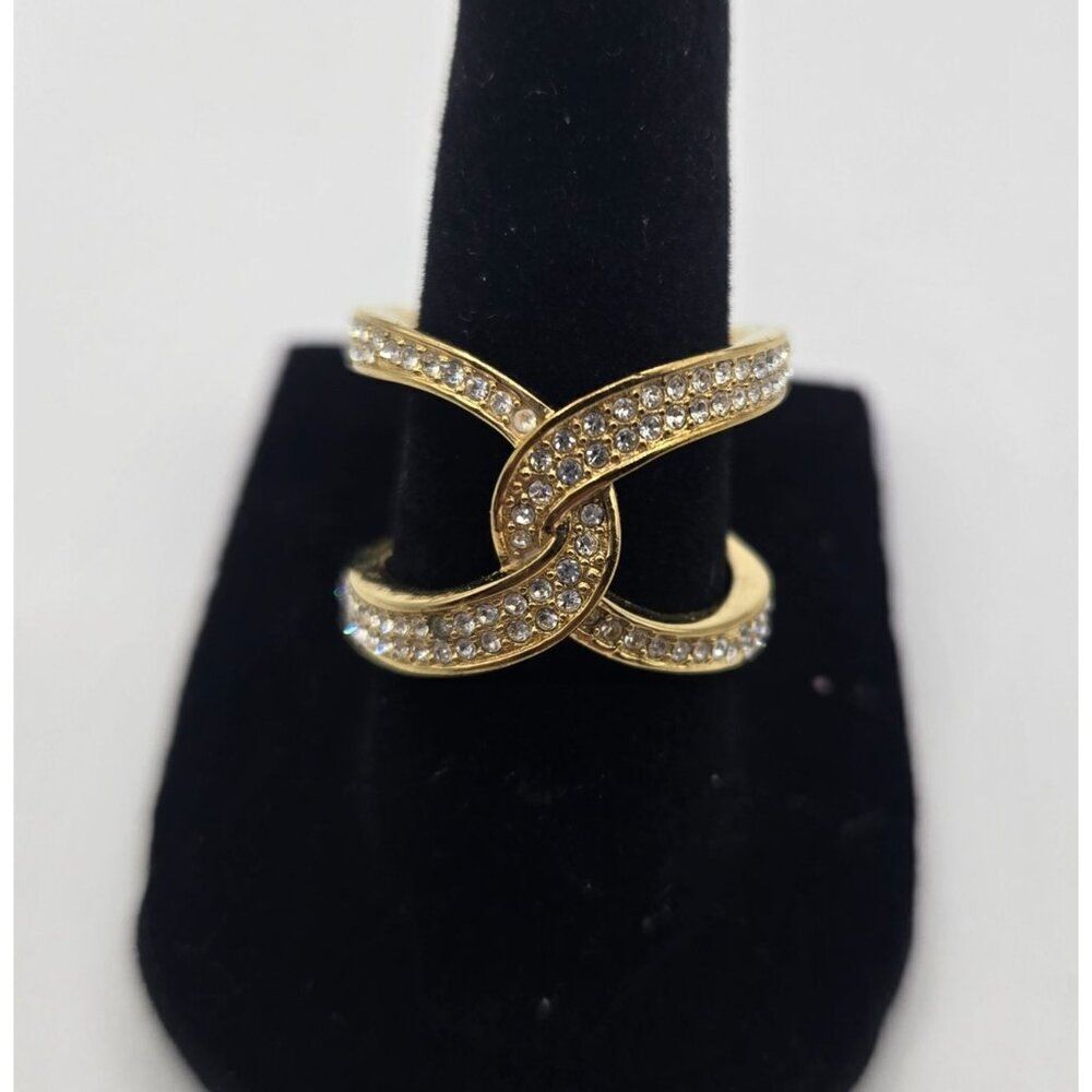 Michael Kors Gold-Tone Knot Crossover Interlocking Crossover Crystal Ring Size 7